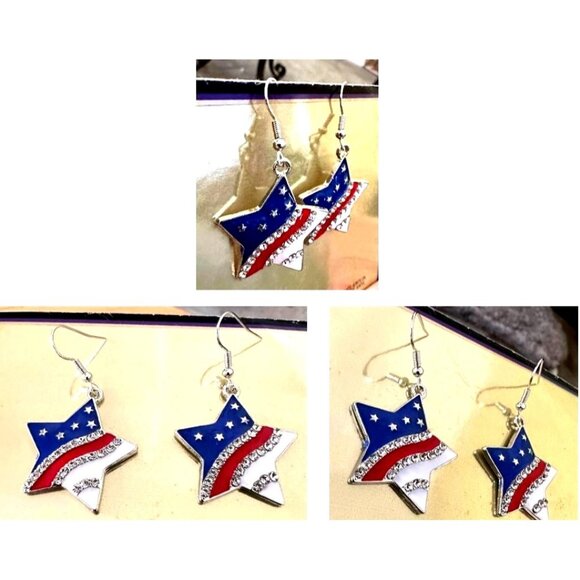 New Patriotic Star Earrings Rhinestones Dangle Patriotic July 4 Veteran'… - Picture 11 of 12